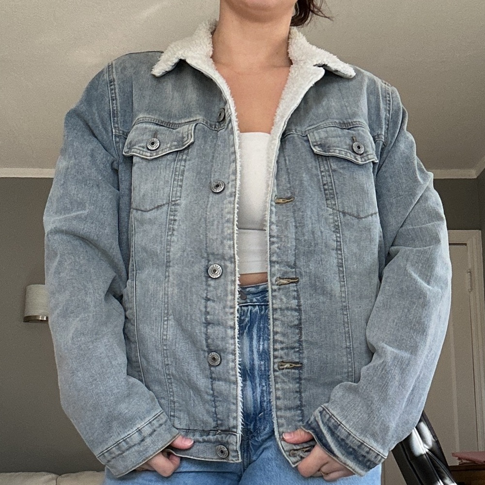 Light Blue Denim Jacket with Cream Sherpa Collar & Interior